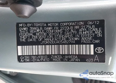 2012 Toyota Prius Two z USA, uszkodzony, nr VIN JTDKN3DU4C5482794